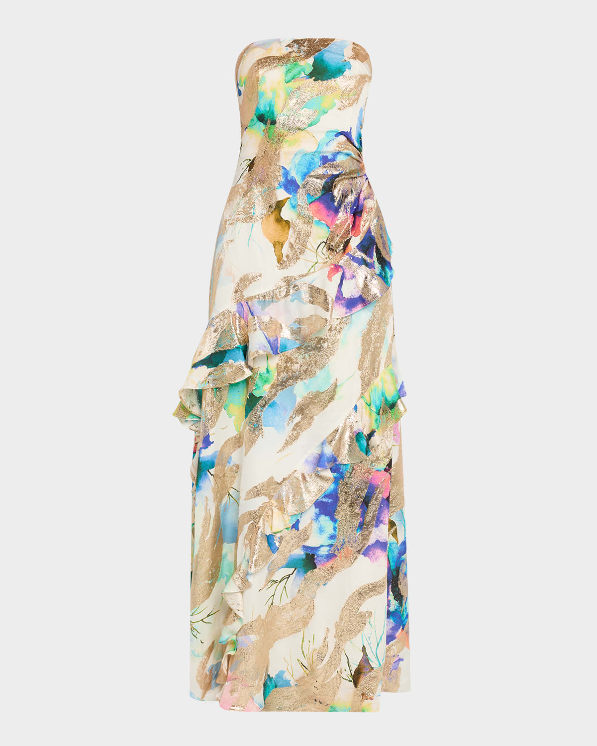 Shop Ramy Brook Dominika Strapless Metallic Jacquard Gown In Ivory Marble