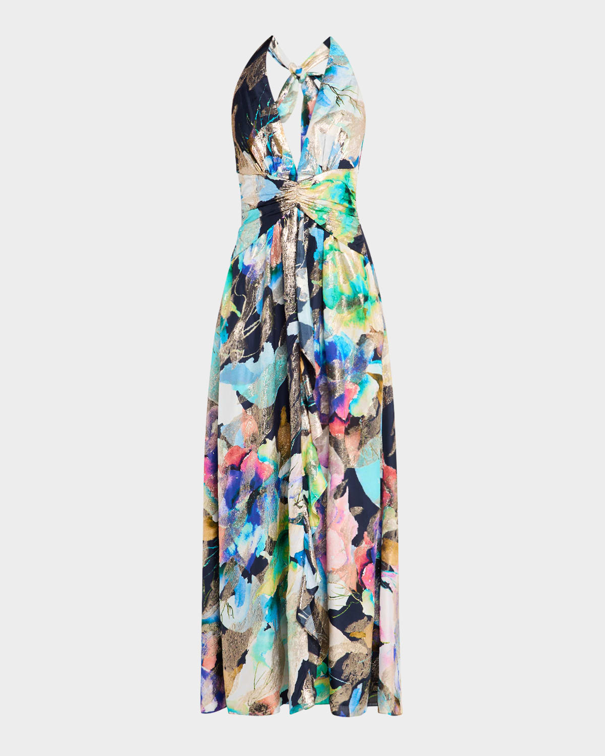 Shop Ramy Brook Stefanie Metallic Jacquard Halter Gown In Spring Navy Marble