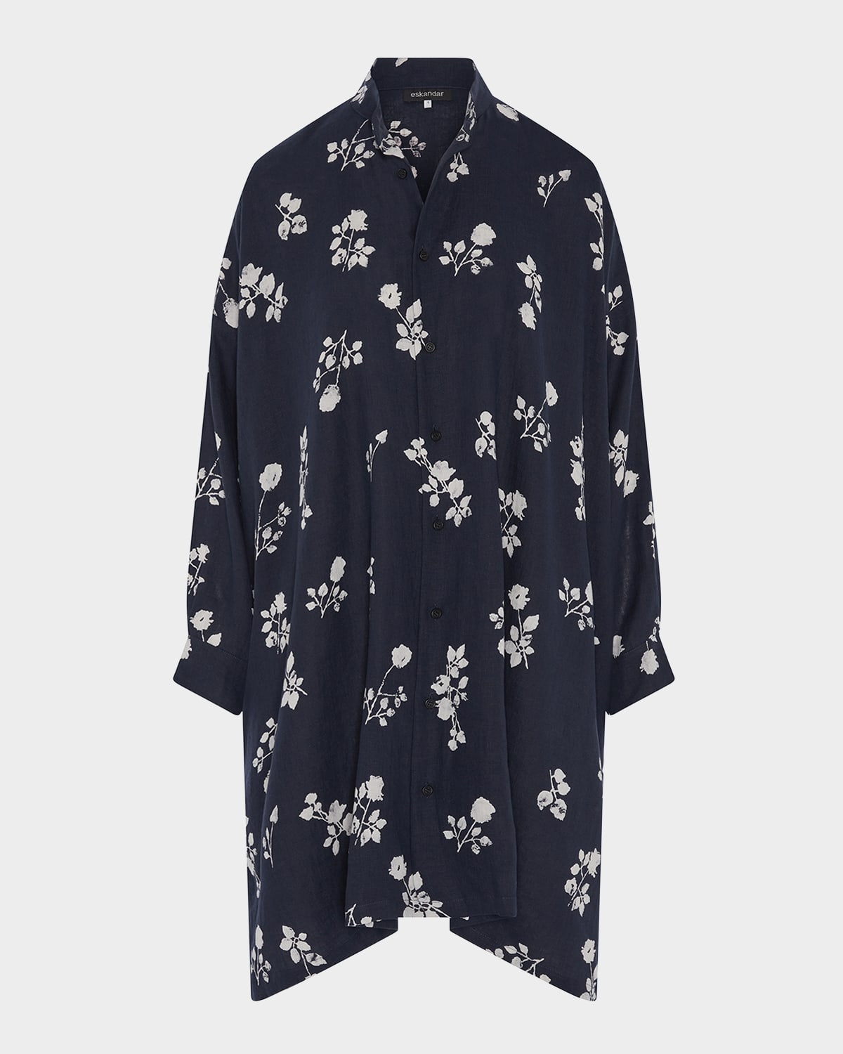 Eskandar Wide A-line Collarless Shirt With Slits (very Long Length) In Blue