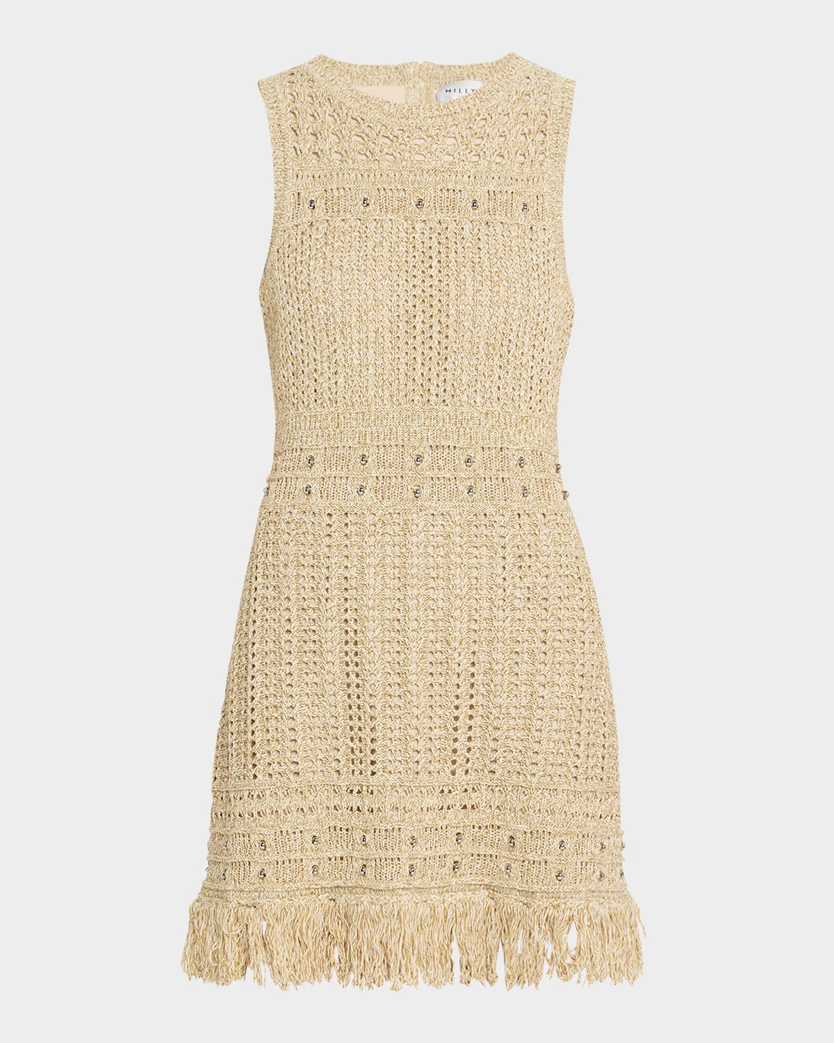 Milly Beaded Fringe-hem Knit Mini Dress In Beige Mult