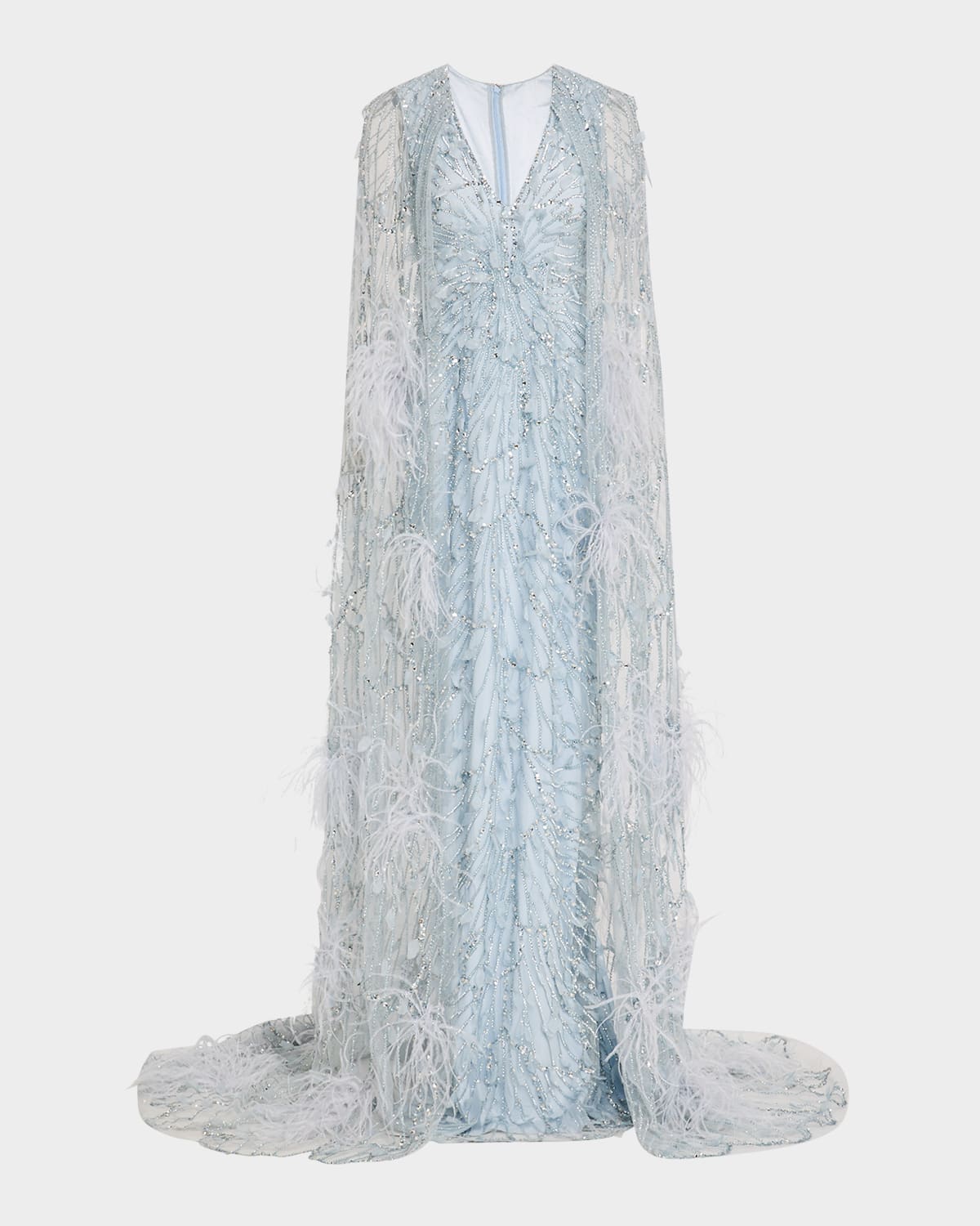 Pamella Roland Crystal Feather Embroidered Tulle Caped Gown In Blue
