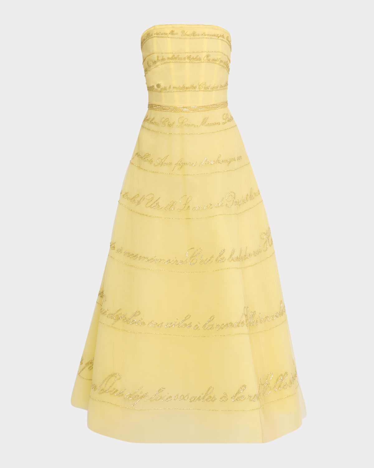 Pamella Roland Strapless Yellow Lyric Embroidered Tulle Ankle Dress
