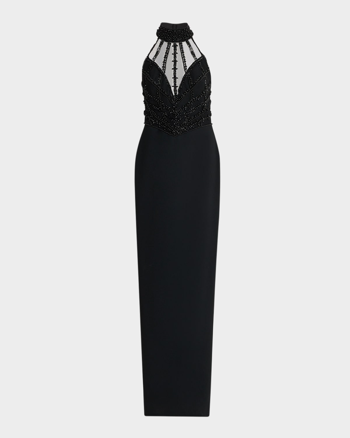 Pamella Roland Embroidered Crepe Halter Illusion Gown In Black
