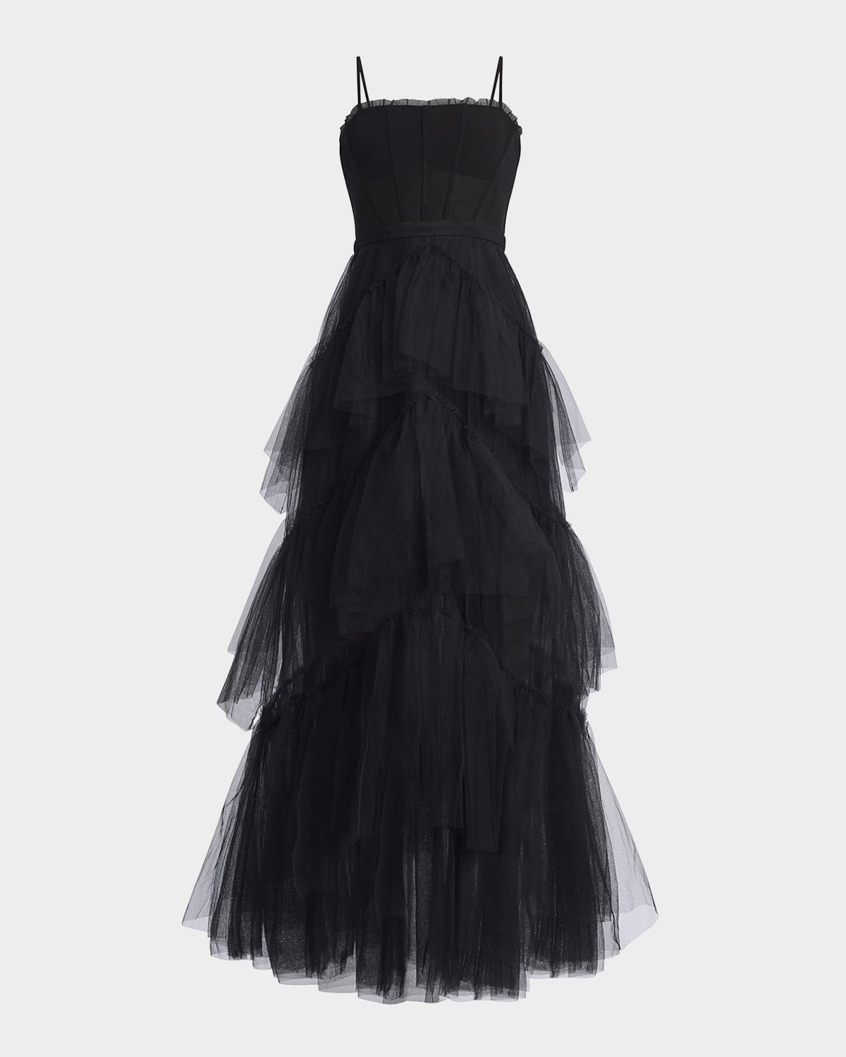 Bcbg Oly Tiered Ruffle Tulle Evening Gown In Black