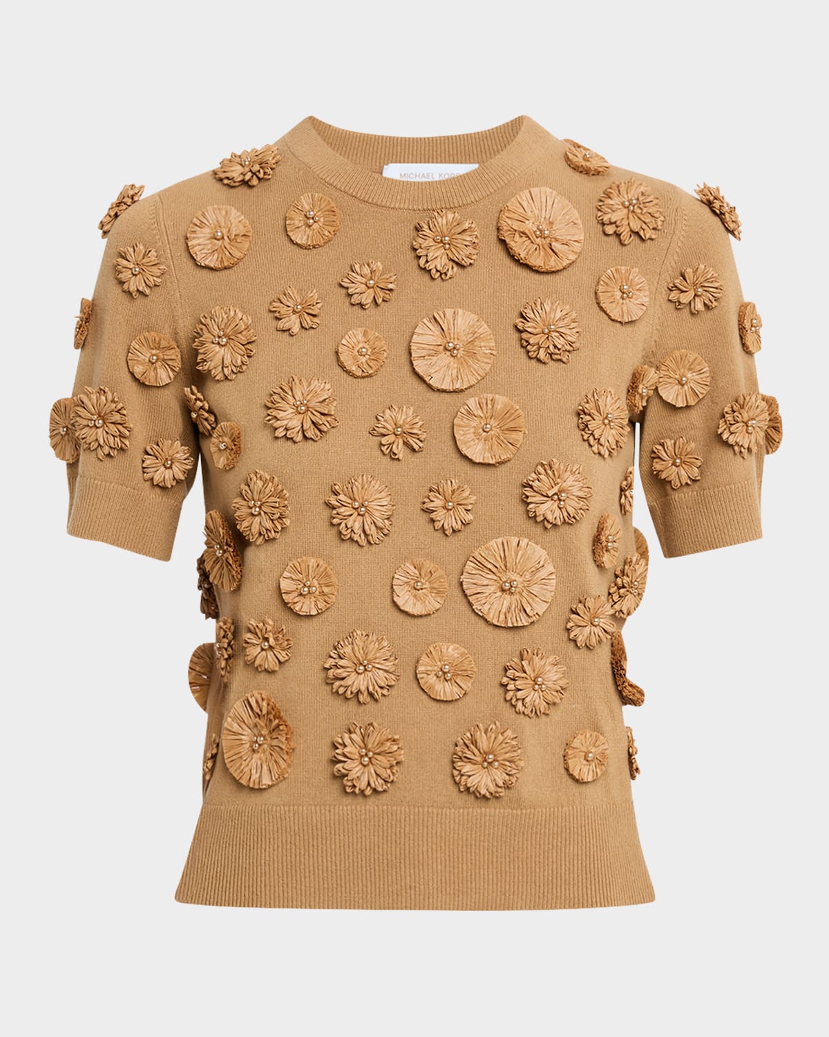 Shop Michael Kors Floral Embroidered Short-sleeve Cashmere Sweater In Peanut
