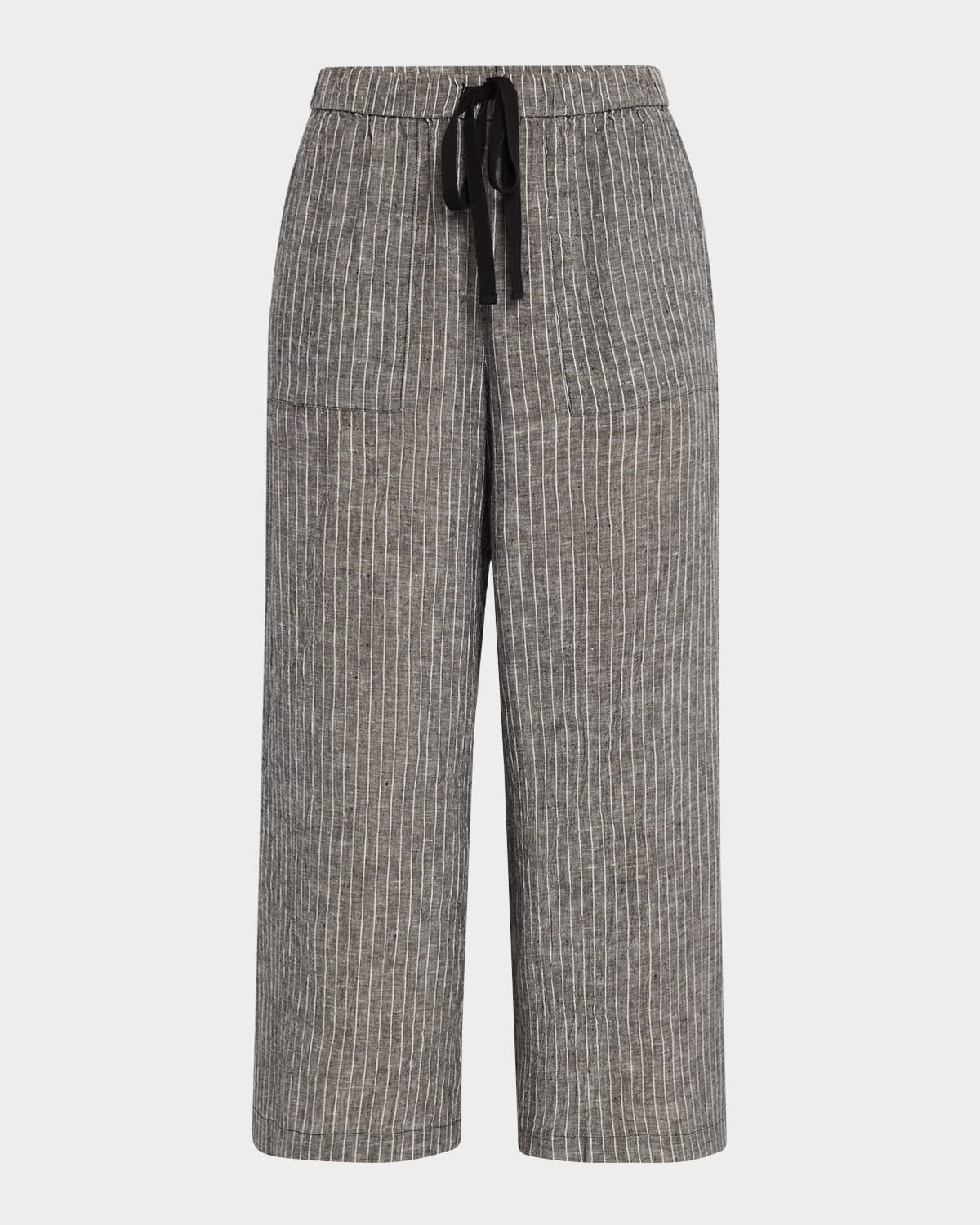 EILEEN FISHER CROPPED WIDE-LEG STRIPED ORGANIC LINEN PANTS 