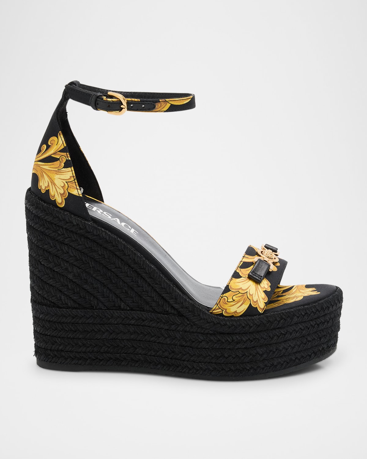 Versace Medusa Baroque Silk Ankle-strap Wedge Espadrilles