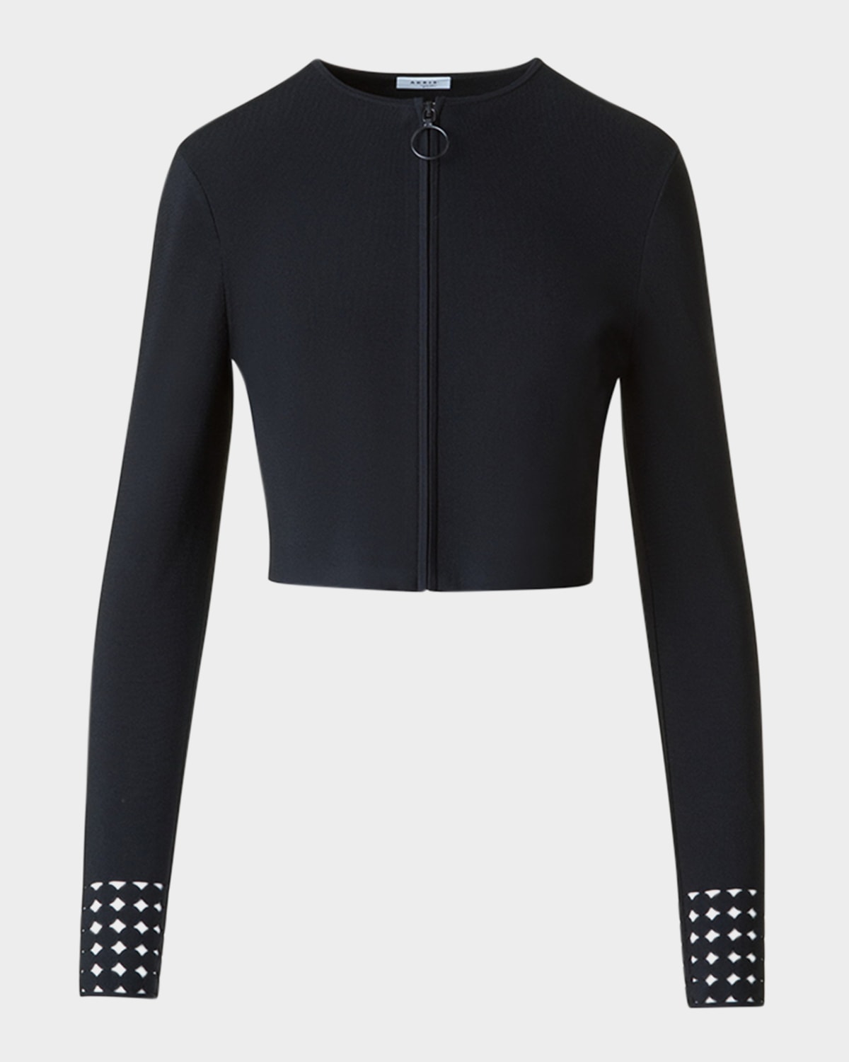 Dot Lace-Cuff Knit Crop Zip Cardigan