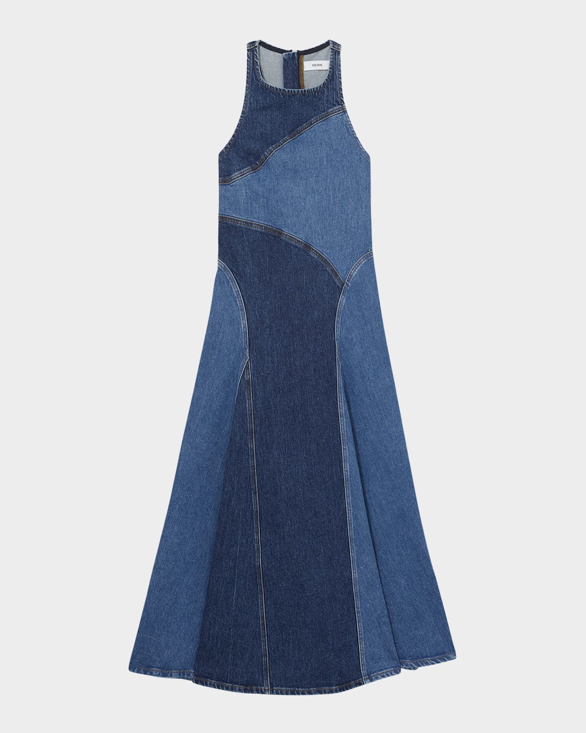 Reiss Wilder Patchwork Cotton Chambray Midi Dress In Indigo