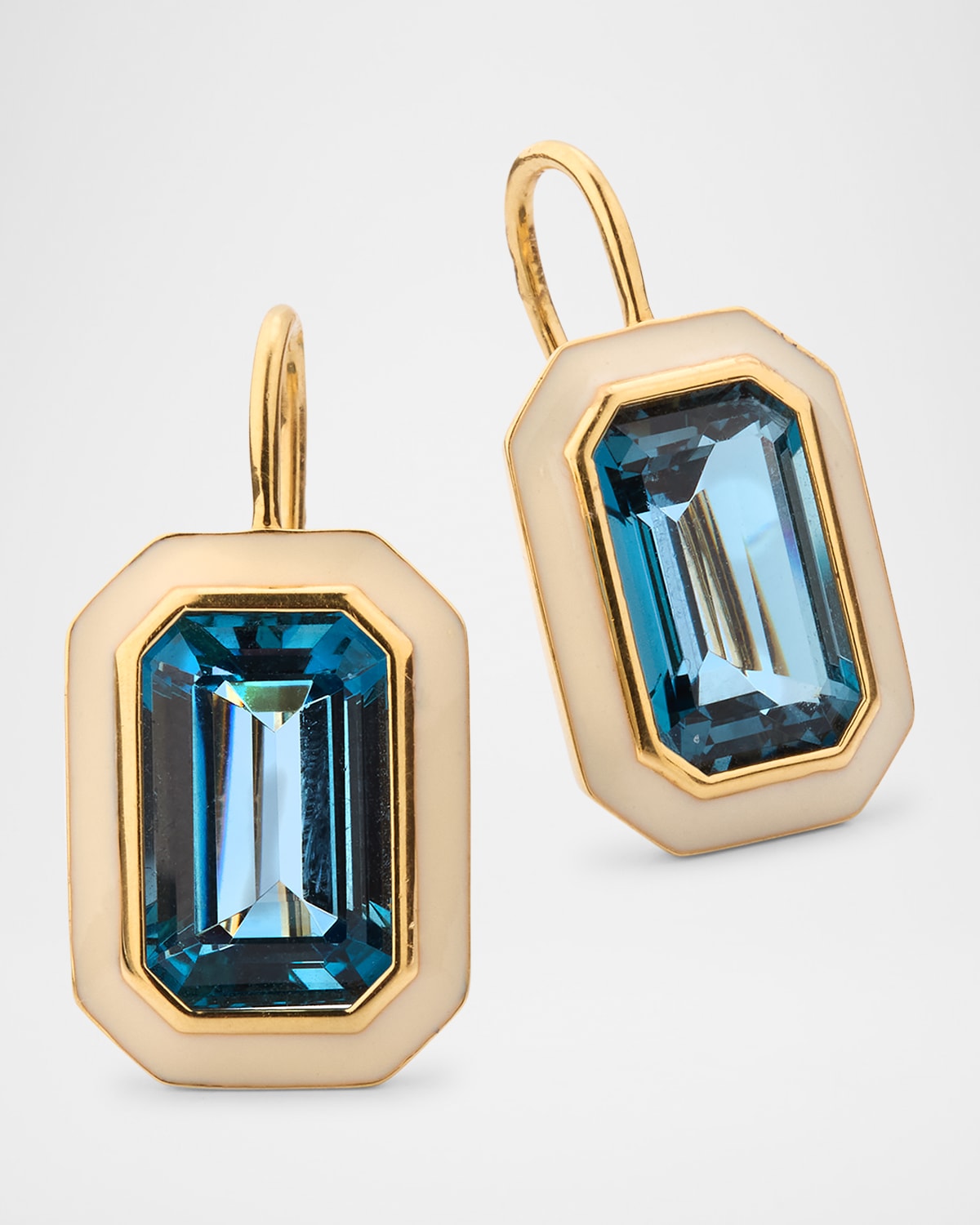 18K Yellow Gold London Blue Topaz Emerald Cut Earrings with White Enamel
