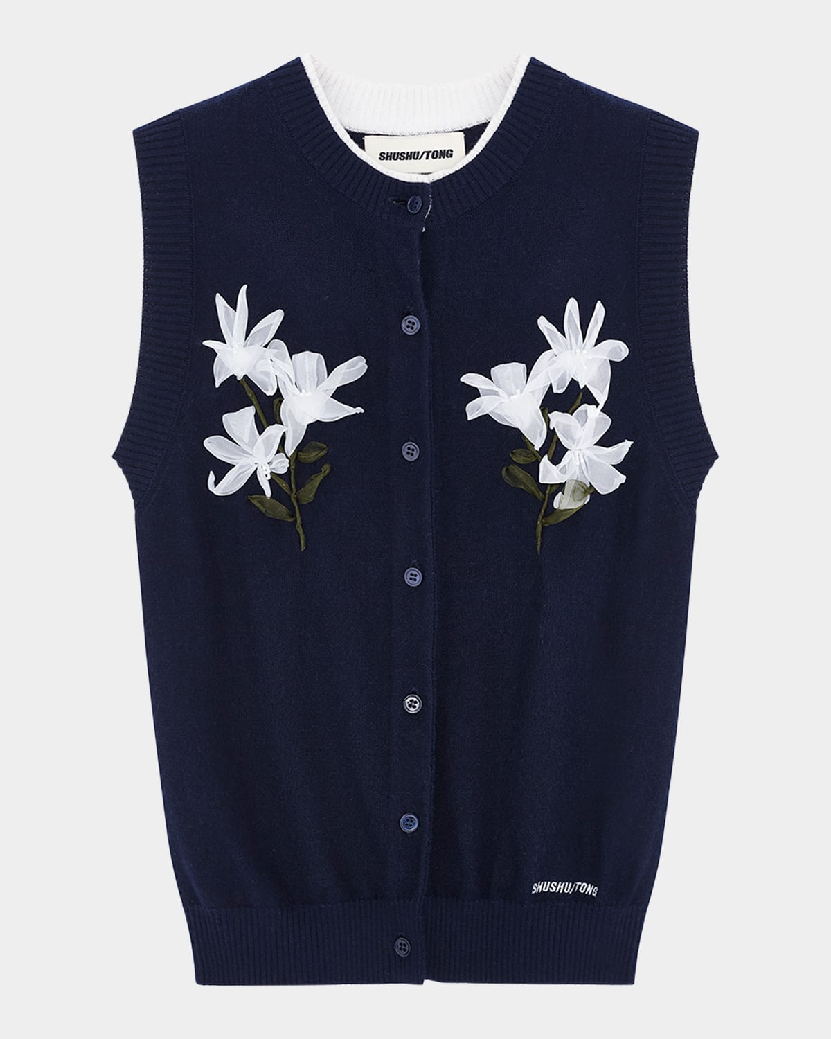 Shop Shushu-tong Floral Sleeveless Silk-cashmere Cardigan In Navy Blue