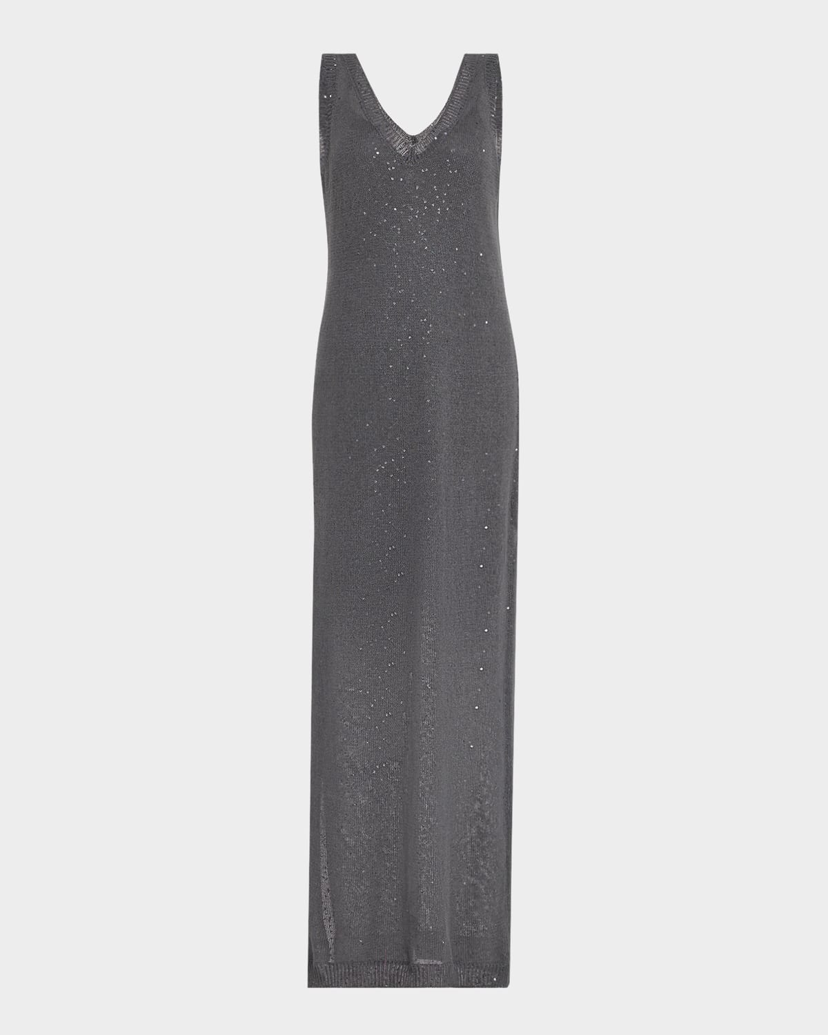 Brunello Cucinelli Sleeveless Linen Silk Paillette V Neck Maxi Dress In Cj079 Gray