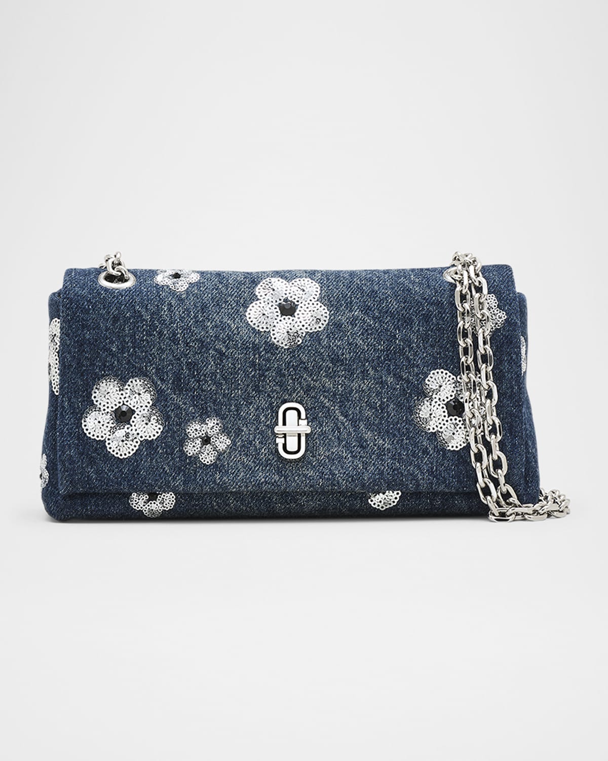 Marc Jacobs The Dual Chain Sequin Daisy Denim Wallet On A Chain In Vintage Indigo