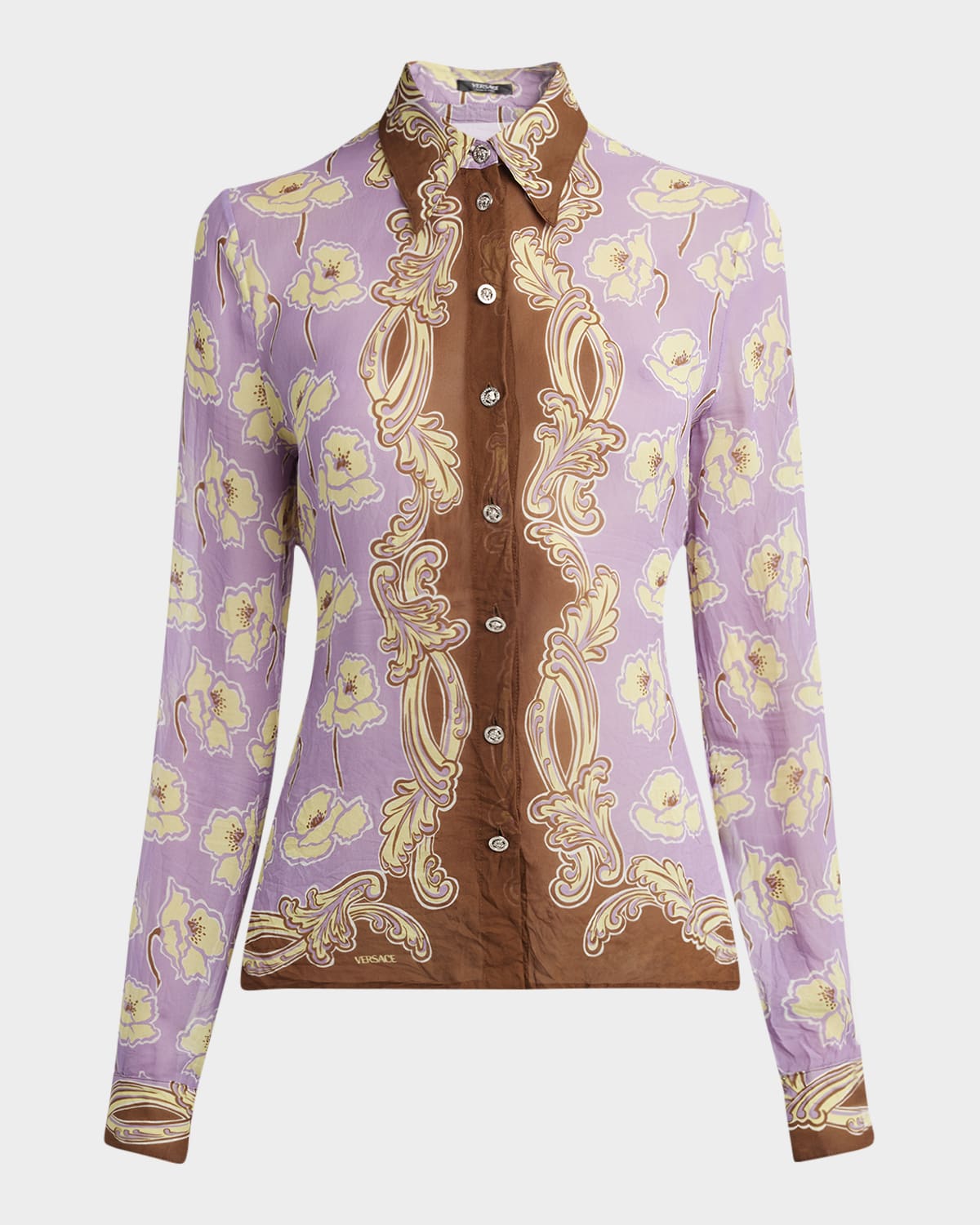 Versace Poppies Print Crinkled Crepe Button-up Shirt In Dusty Lavander Tobac