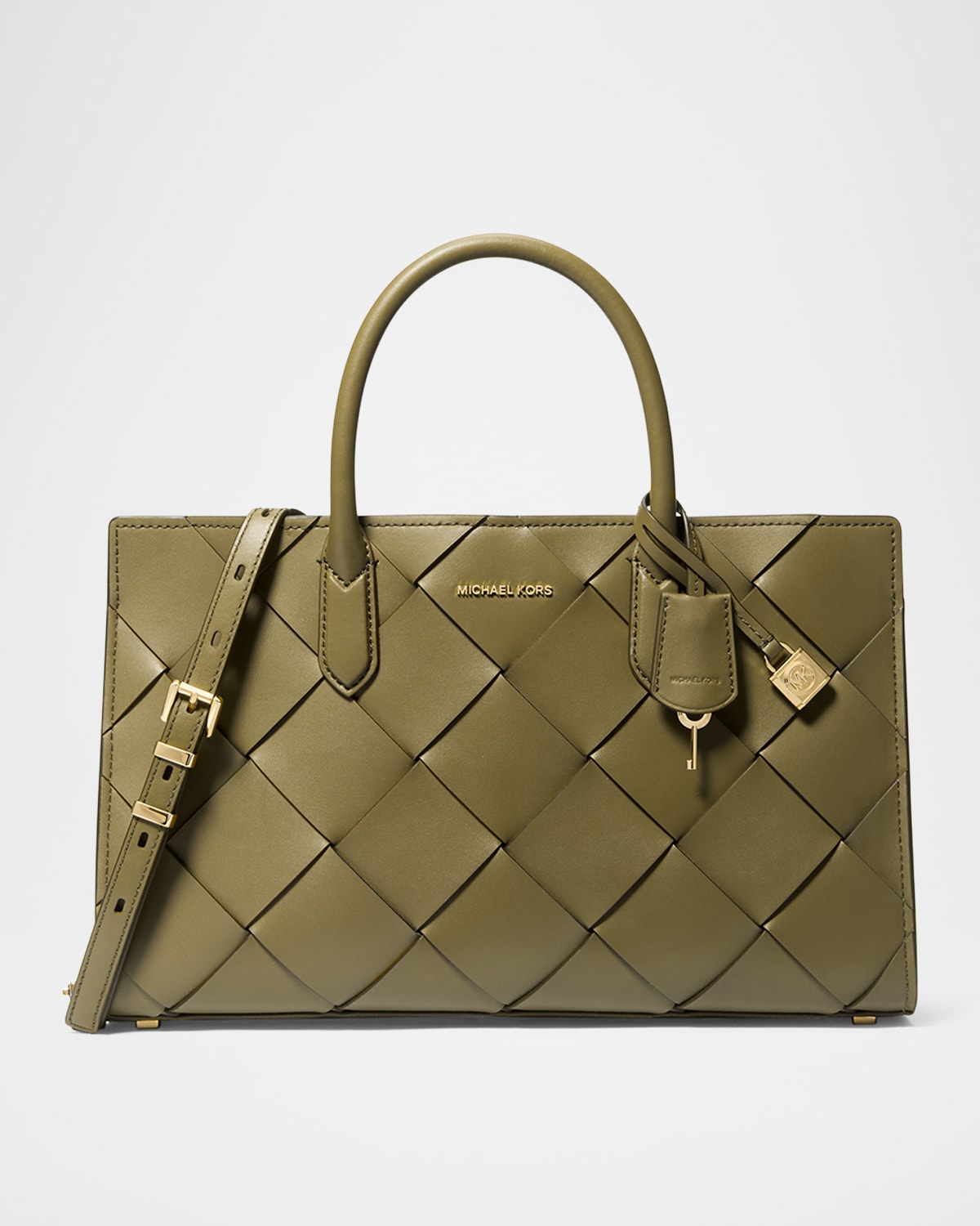 Shop Michael Michael Kors Scarlette Medium Woven Leather Satchel Bag In Safari Gre