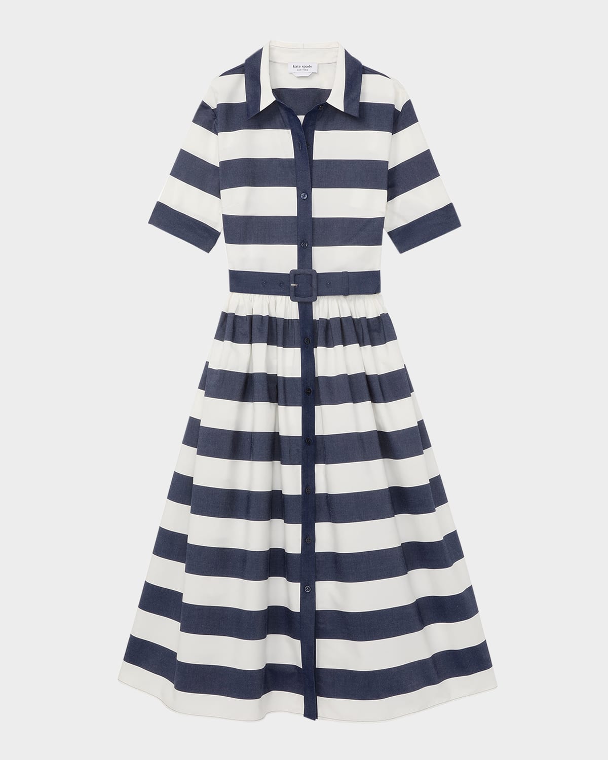 belted sailor stripe poplin midi shirtdress