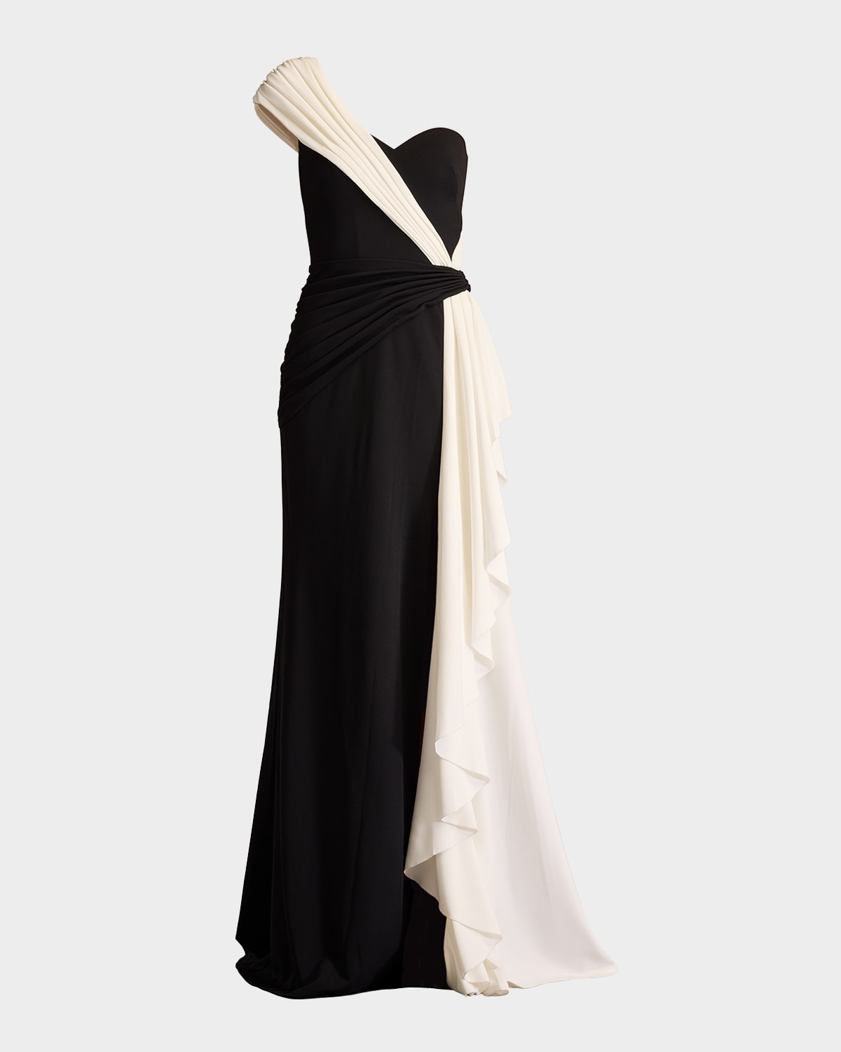 Tadashi Shoji Textured Crepe Gown With Contrast Drape In Black/ivory