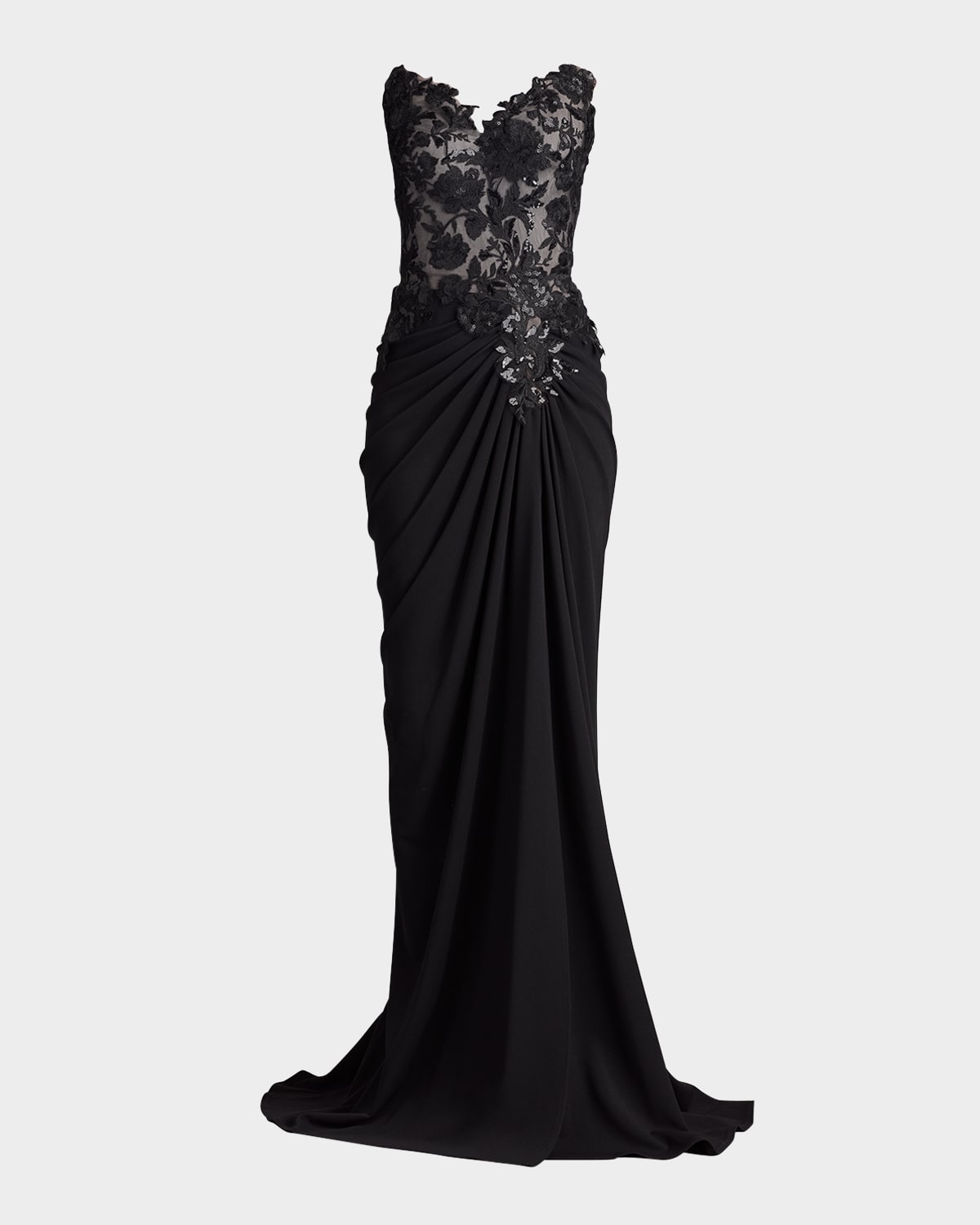 Tadashi Shoji Strapless Pleated Sequin Lace Gown