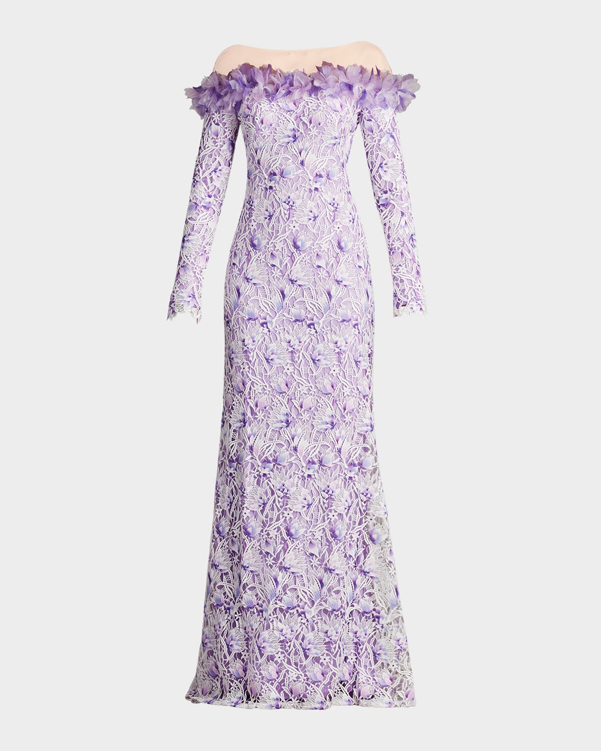 Off-Shoulder Illusion Floral Lace Gown