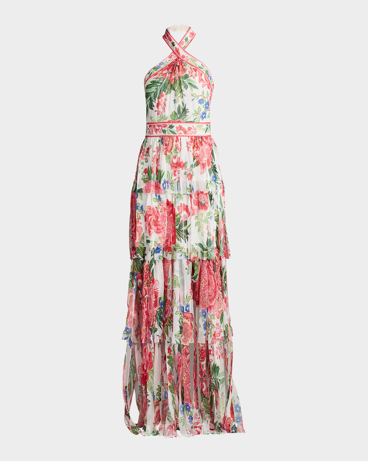 Tiered Floral-Print Car Wash Halter Gown