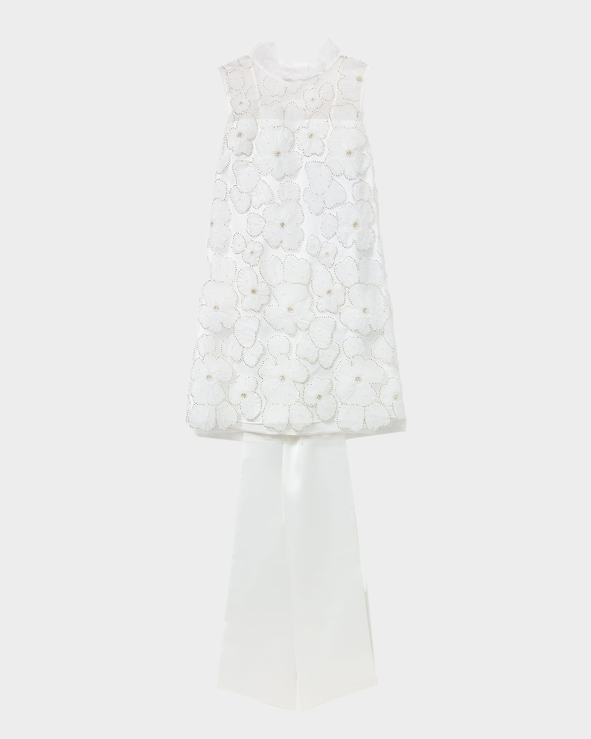Self-portrait White Crewneck Sleeveless Mini Dress With All-over Floral Embroidery And Maxi Bow On The Rear In Tec In White