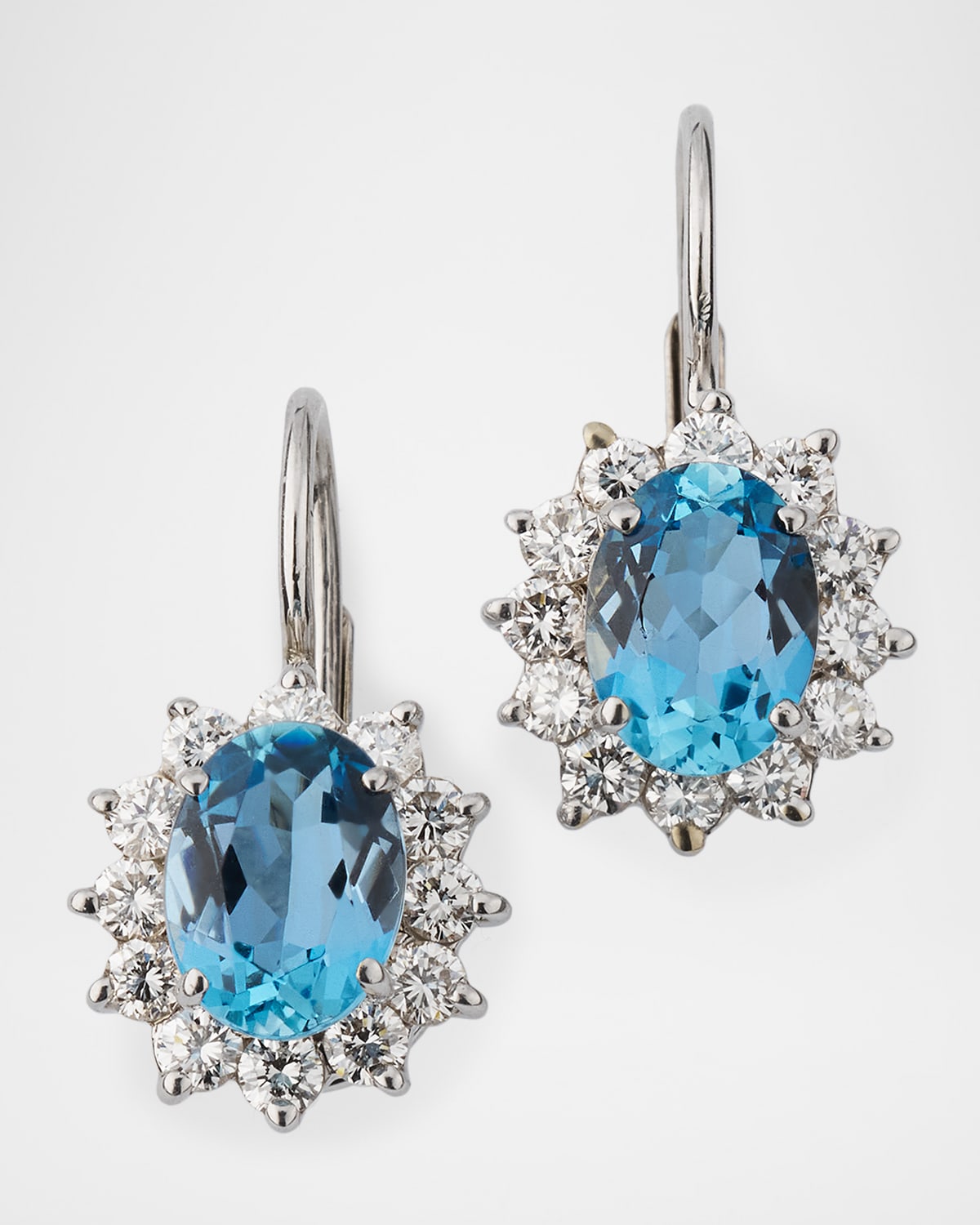 18K White Gold Diamond and Oval Aquamarine Dangle Earrings