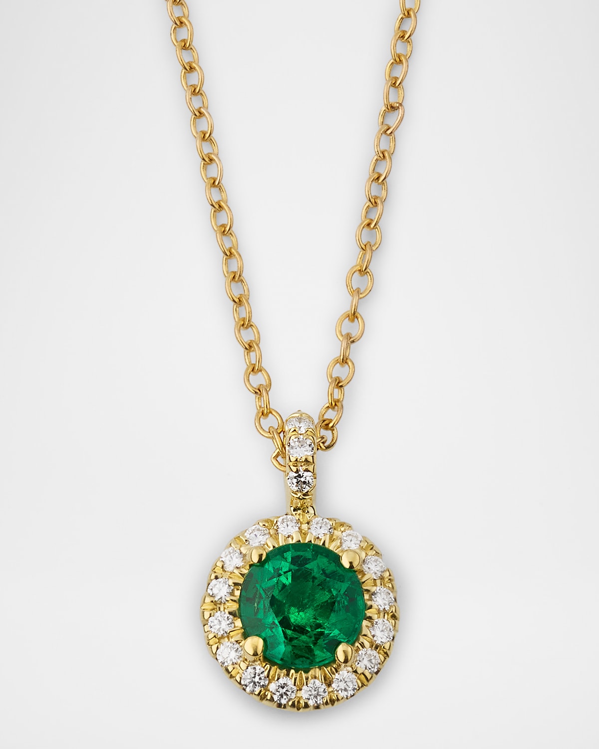 18K Yellow Gold Round Emerald and Diamond Pendant Necklace