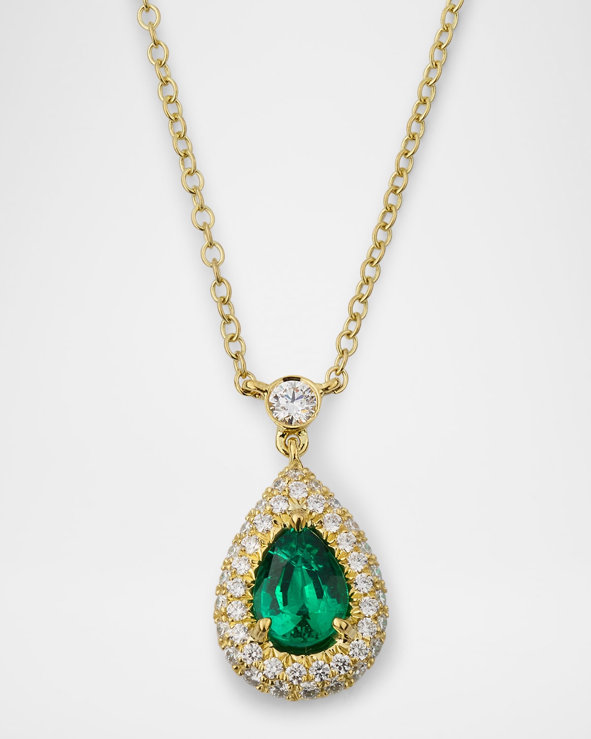 18K Yellow Gold Pear Emerald and Diamond Pendant Necklace