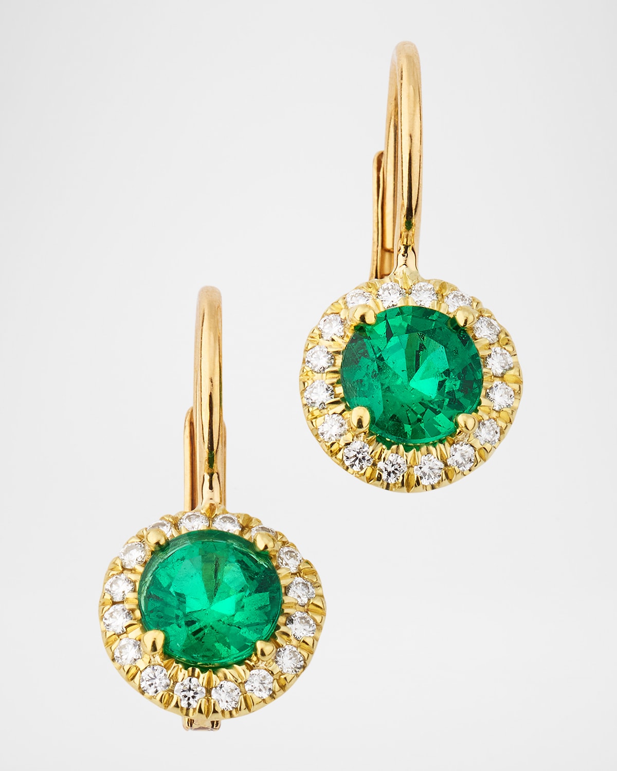 18K Yellow Gold Round Emerald and Diamond Earrings