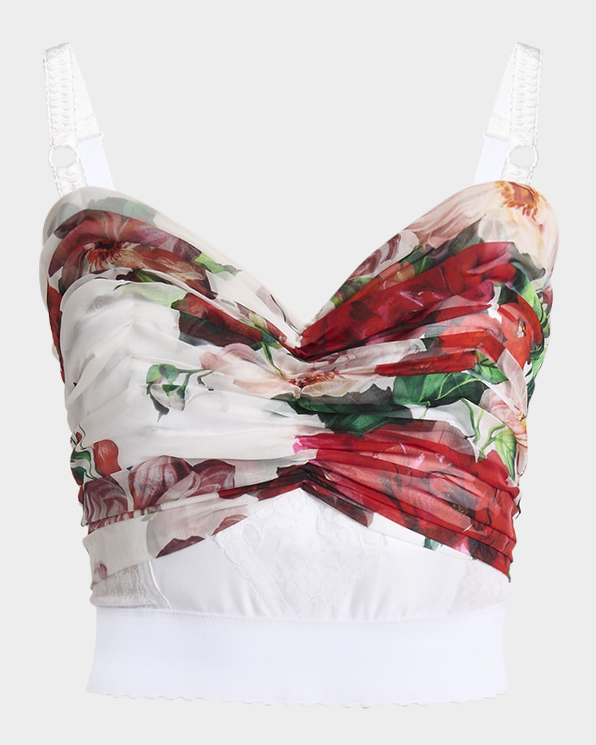 Shop Dolce & Gabbana Bouquet Rose Chiffon Ruched Crop Tank Top In Whtprtflow