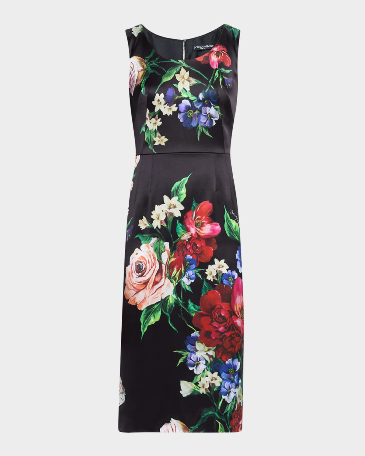 Dolce & Gabbana Floral Bouquet Sleeveless Midi Sheath Dress