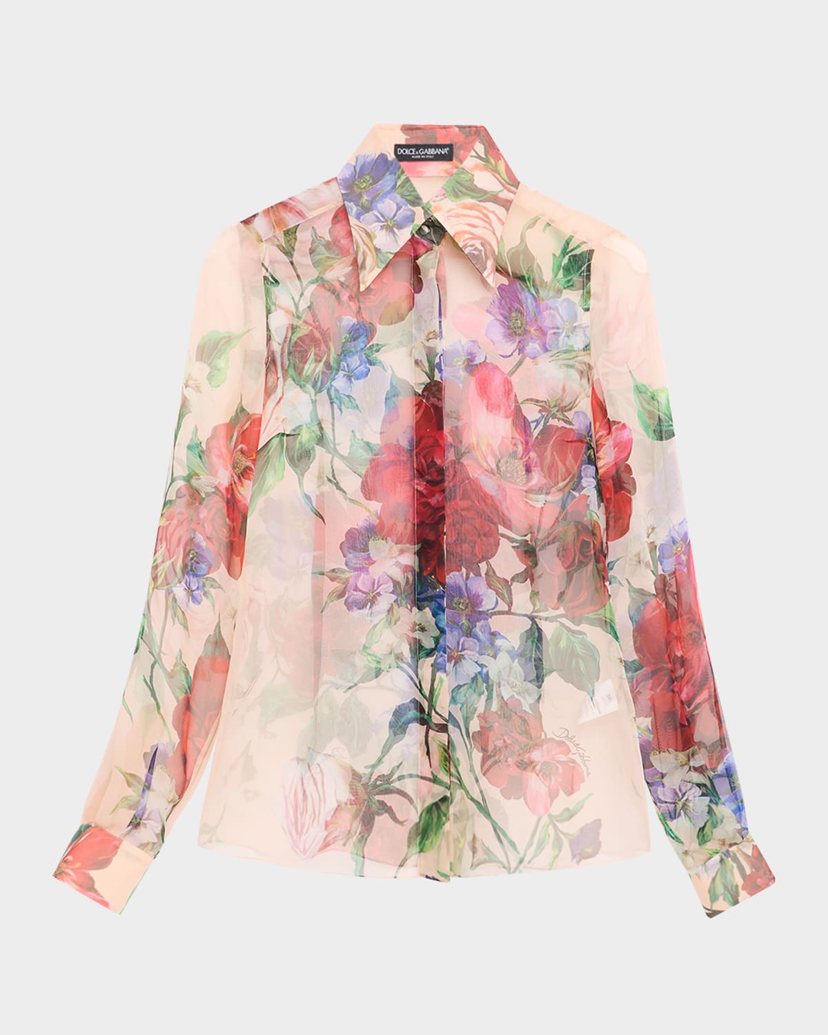 Dolce & Gabbana Bouquet Fantichi Sheer Chiffon Button-down Blouse In Beigprtflo