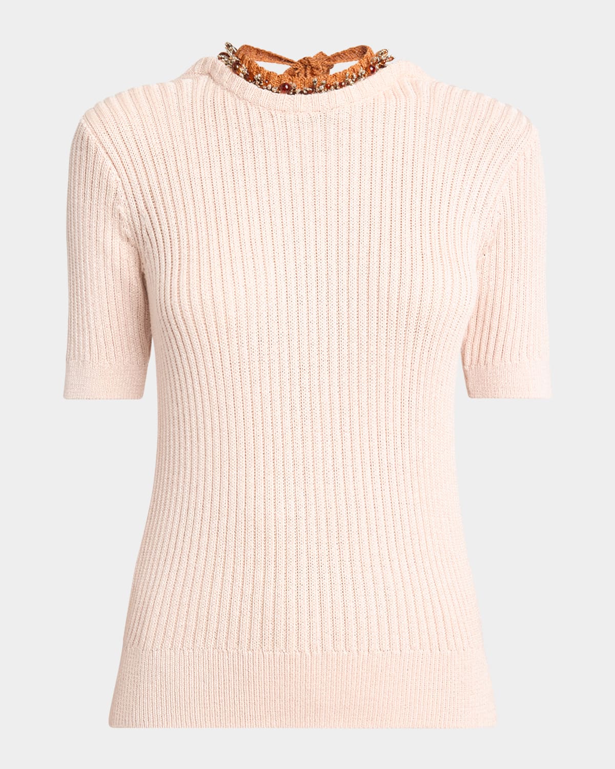 Dries Van Noten Tonia Beaded Short-sleeve Low-back Sweater In Light Rose