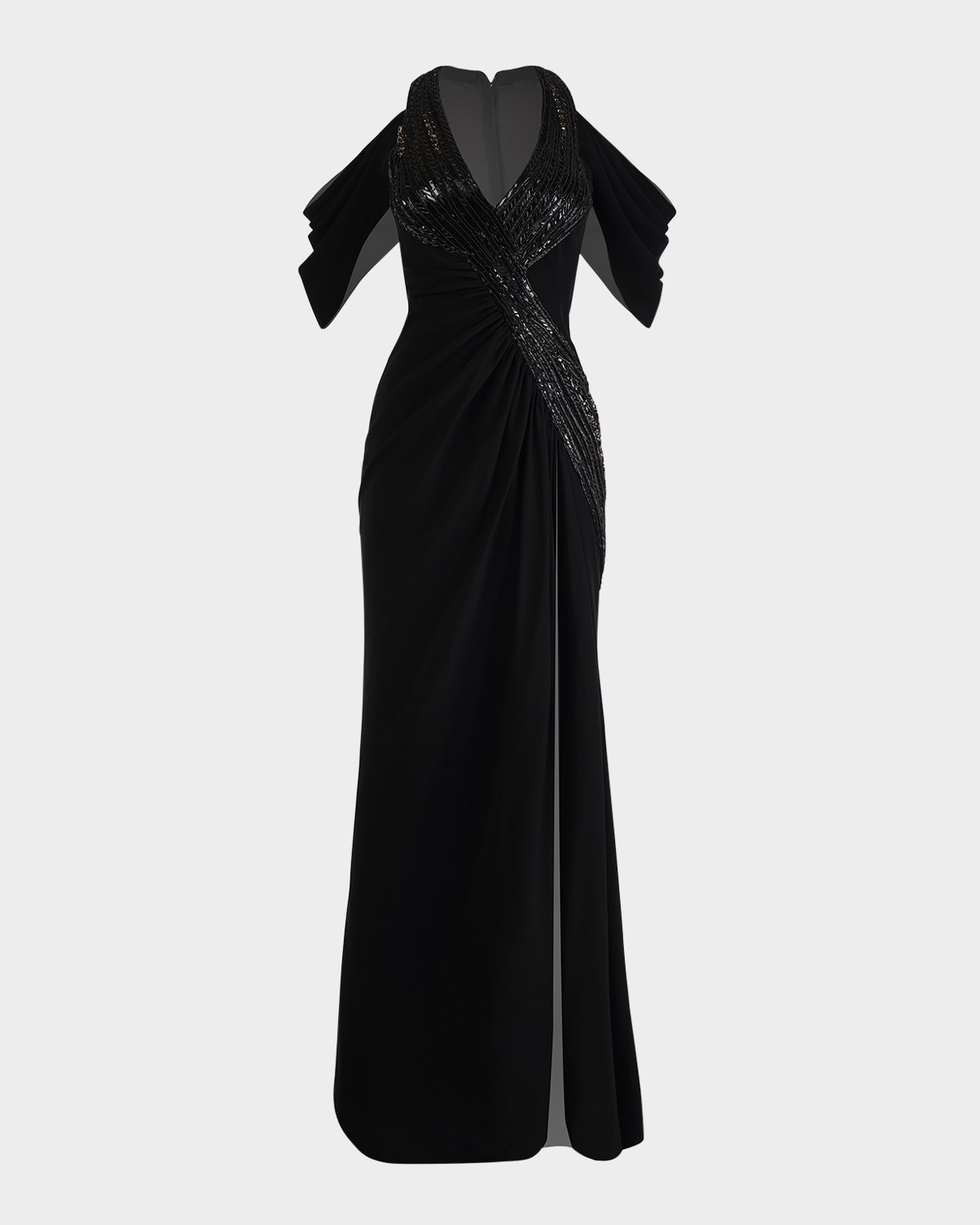 Noir Draped Cold-Shoulder Gown