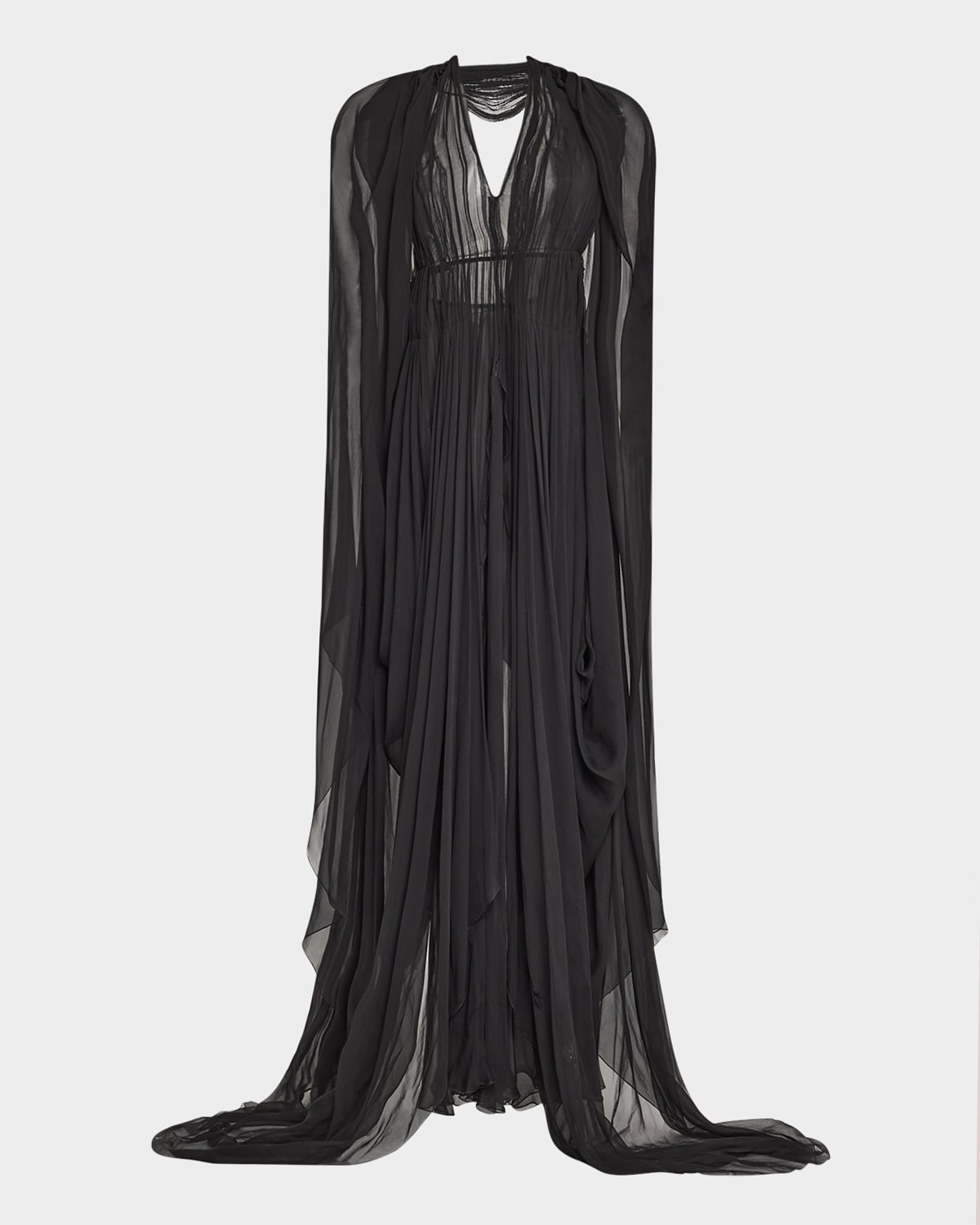 Alberta Ferretti Organic Chiffon Cape-sleeve Backless Gown In Black