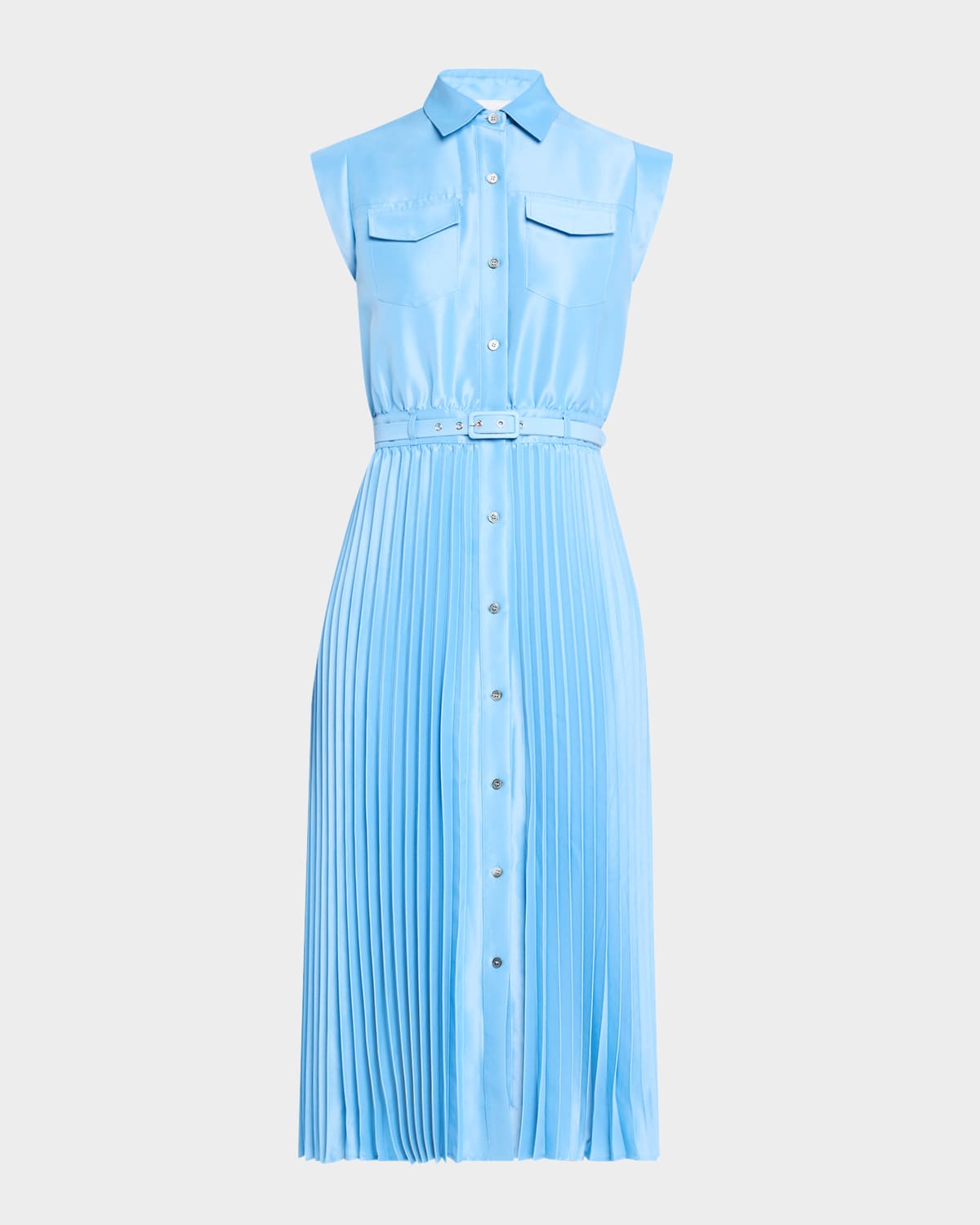 Elie Tahari The Natalyia Pleated Shimmer Midi Shirtdress In Fountain Blue