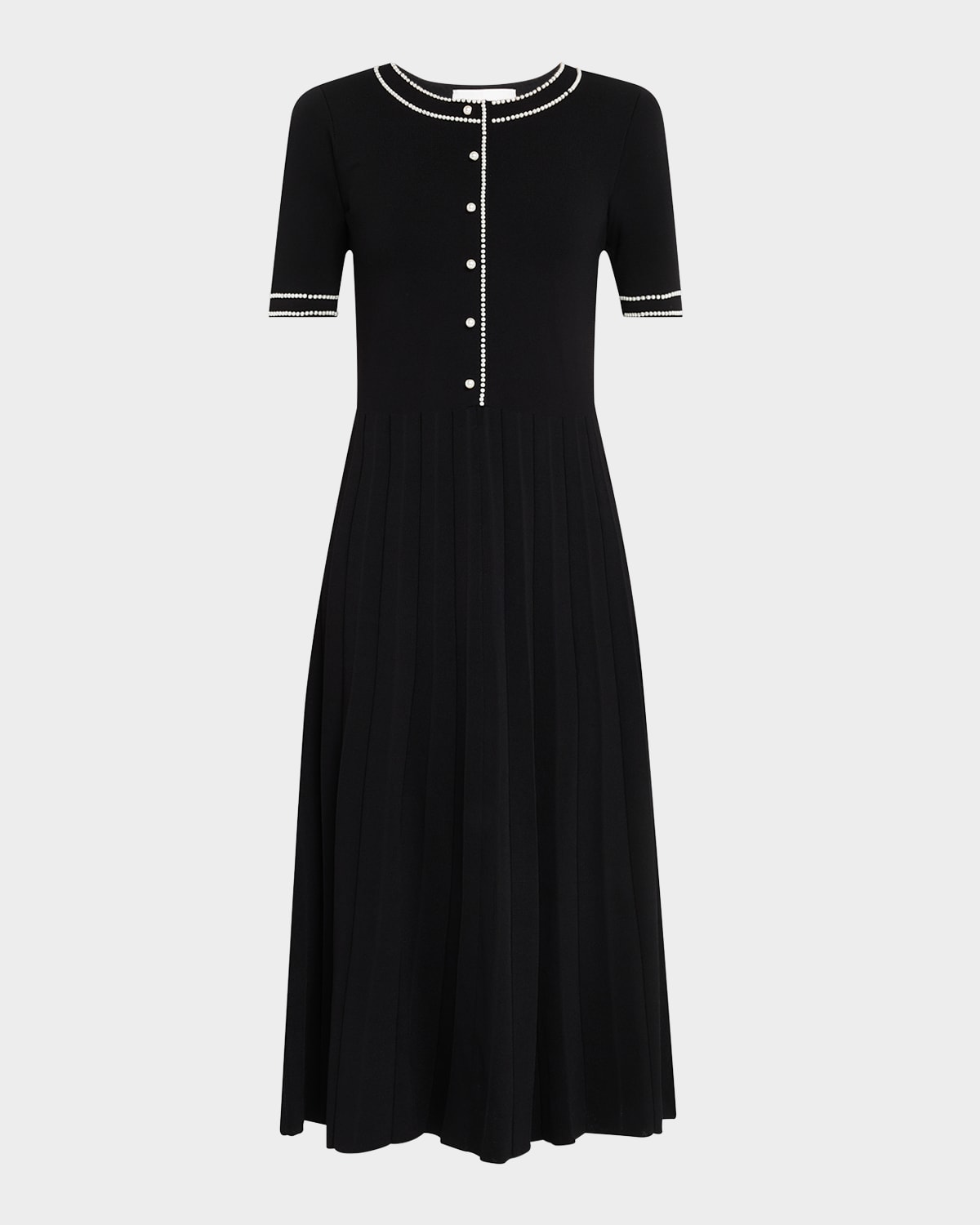 Elie Tahari The Leona Pleated Bead-trim Midi Sweater Dress In Noir