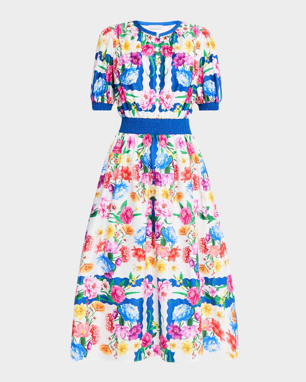 Elie Tahari The Ziggy Floral-print Smocked Midi Dress In Scallop Floral Print