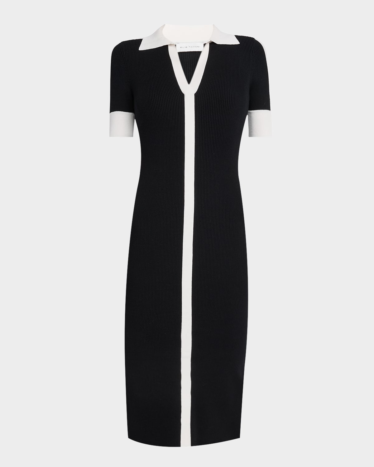 Shop Elie Tahari The Myra Contrast Ribbed Midi Sweater Dress In Noir Sky White Contrast