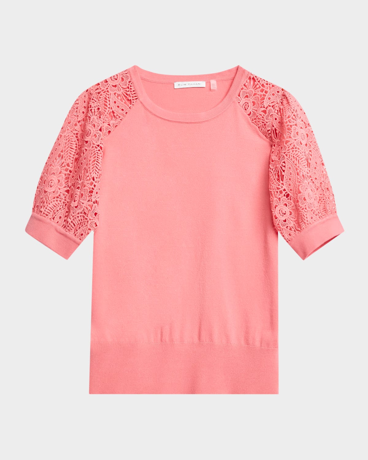 Shop Elie Tahari The Felicity Crewneck Lace-sleeve Sweater In Coral Rose