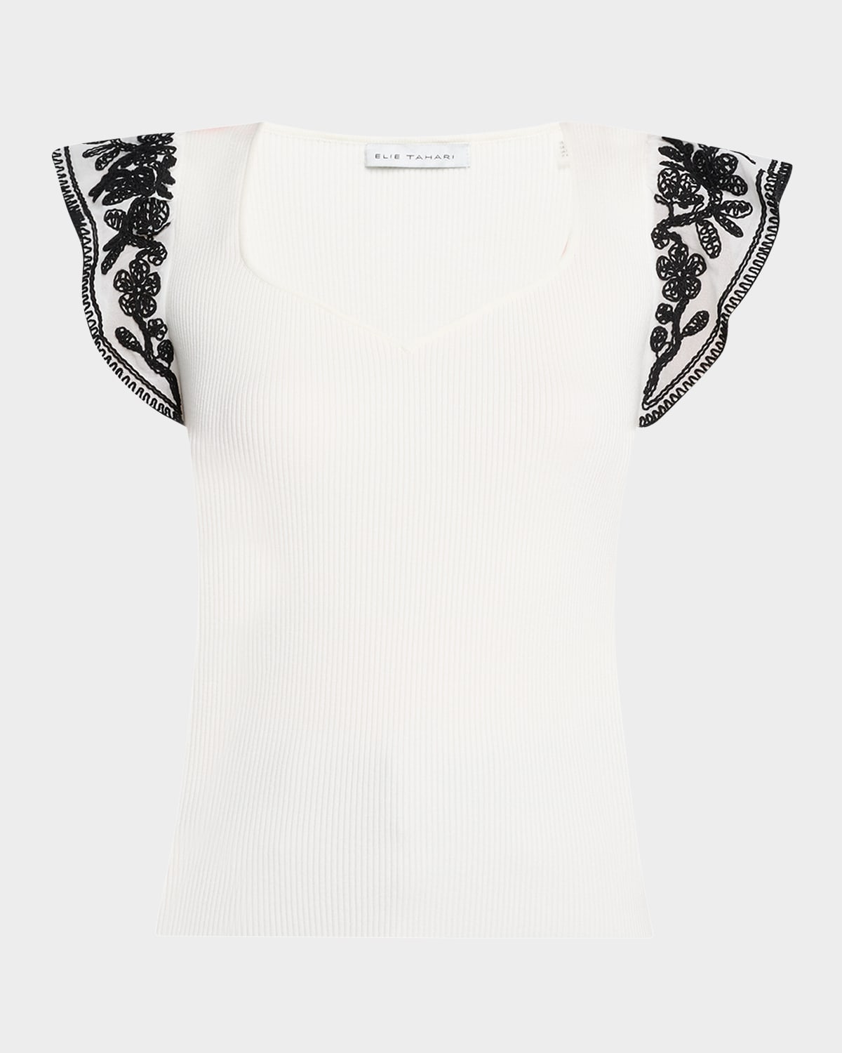 ELIE TAHARI THE EMILY EMBROIDERED FLUTTER-SLEEVE SWEATER 