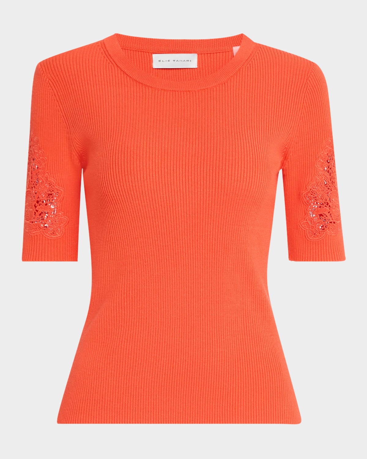 Shop Elie Tahari The Magnolia Ribbed Lace-inset Sweater In Orange Dream