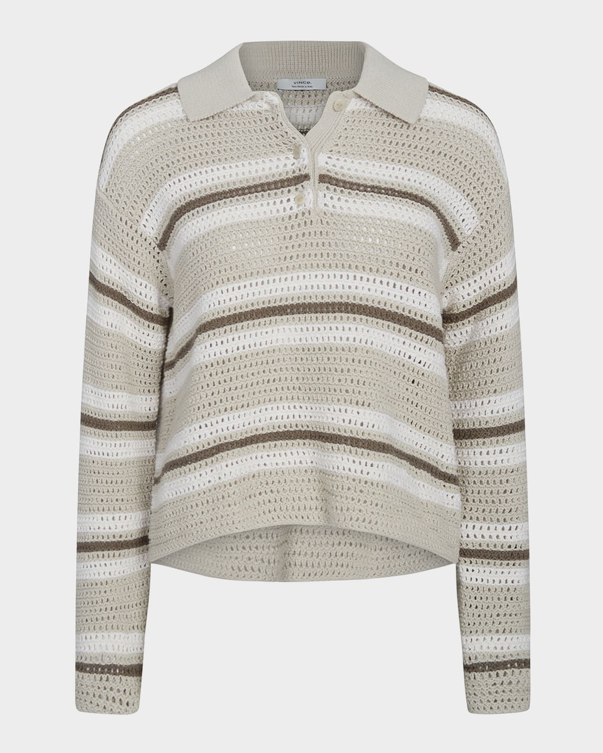 Shop Vince Mesh Stripe Button Polo Top In White Stone Combo