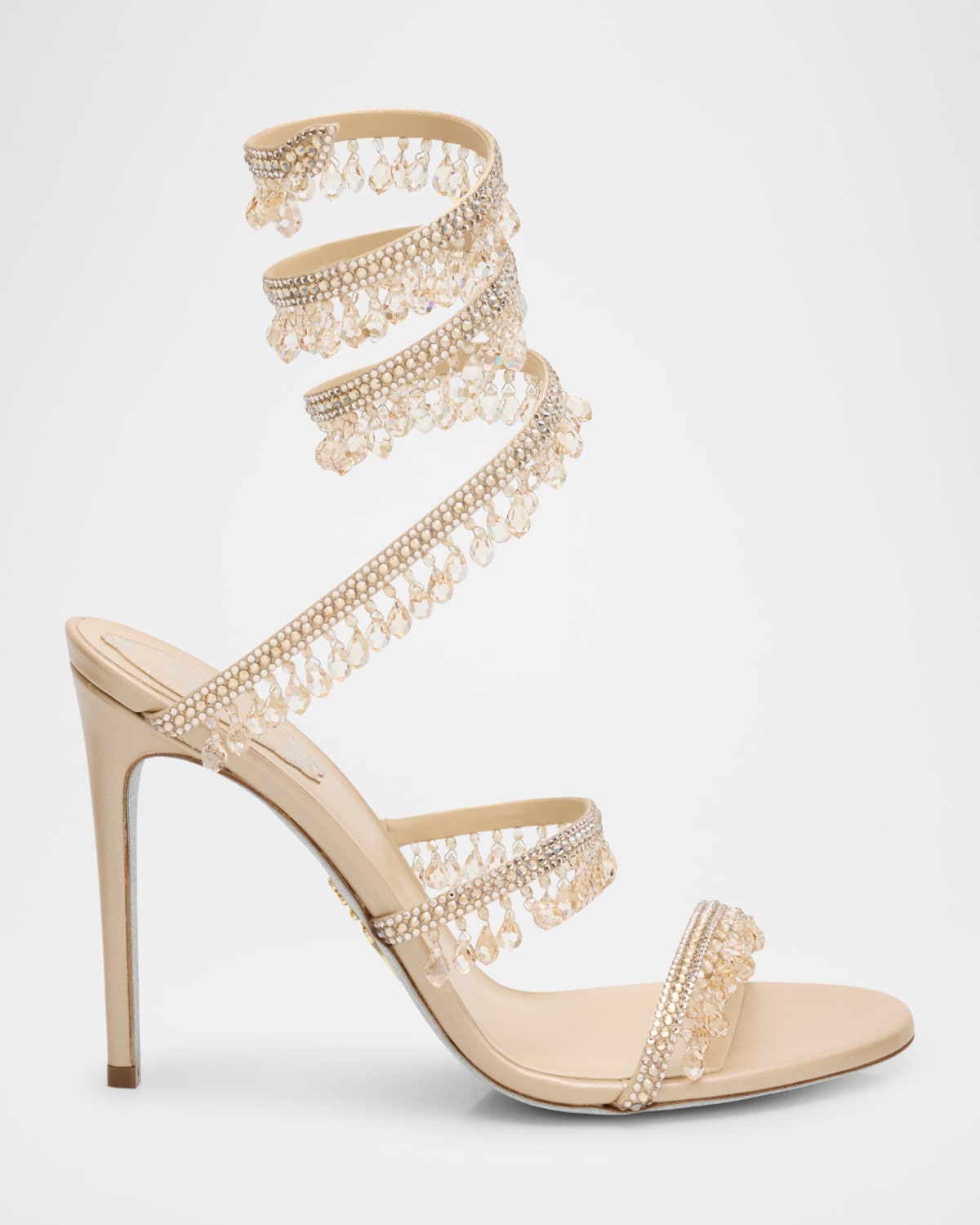 René Caovilla Satin Strass Chandelier Snake Wrap Sandals In Beige Golden Shadow