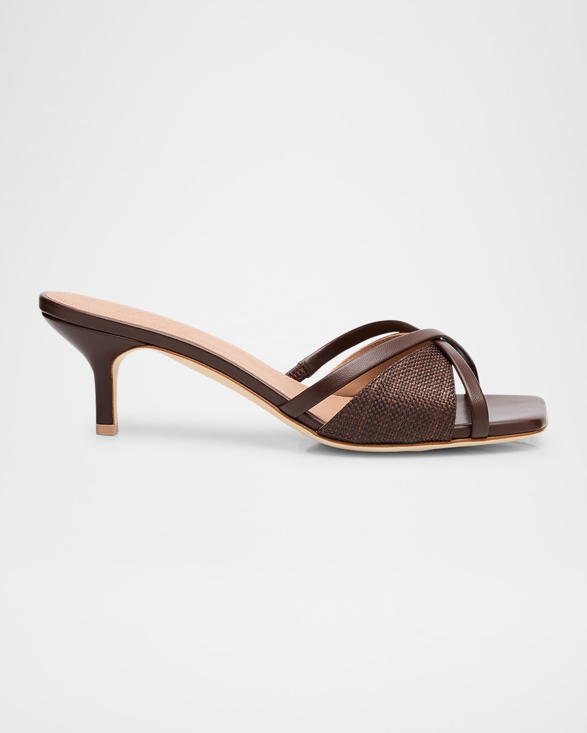 Shop Malone Souliers Raffia And Leather Kitten-heel Sandals In Dark Brown/tobacco