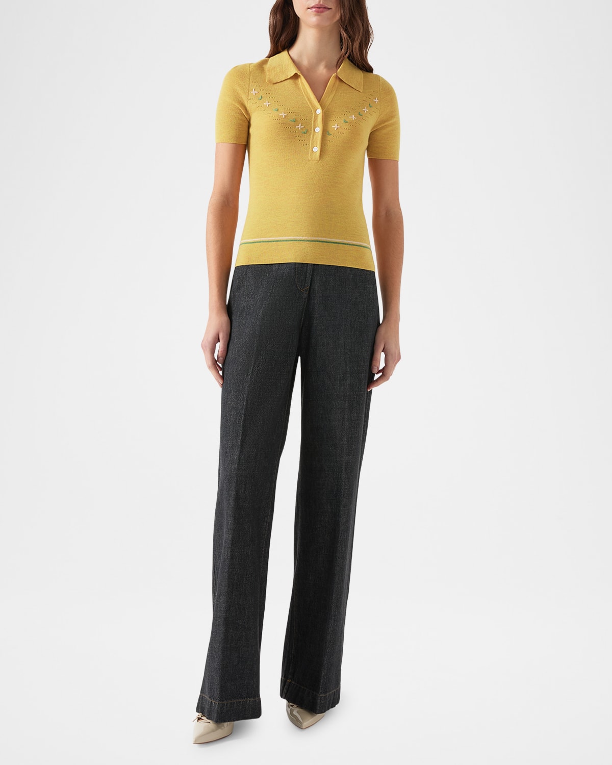 Lk Bennett Fiona Embroidered Knit Polo Top In Yellow