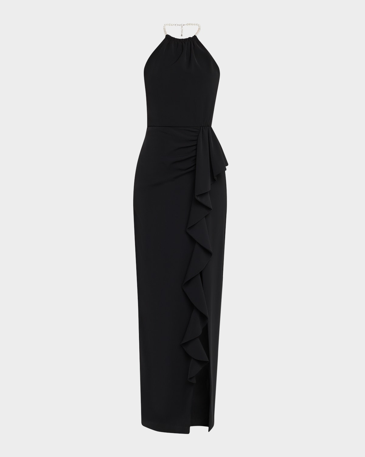 Black Halo Erwen Beaded-strap Ruffle Halter Gown In Black