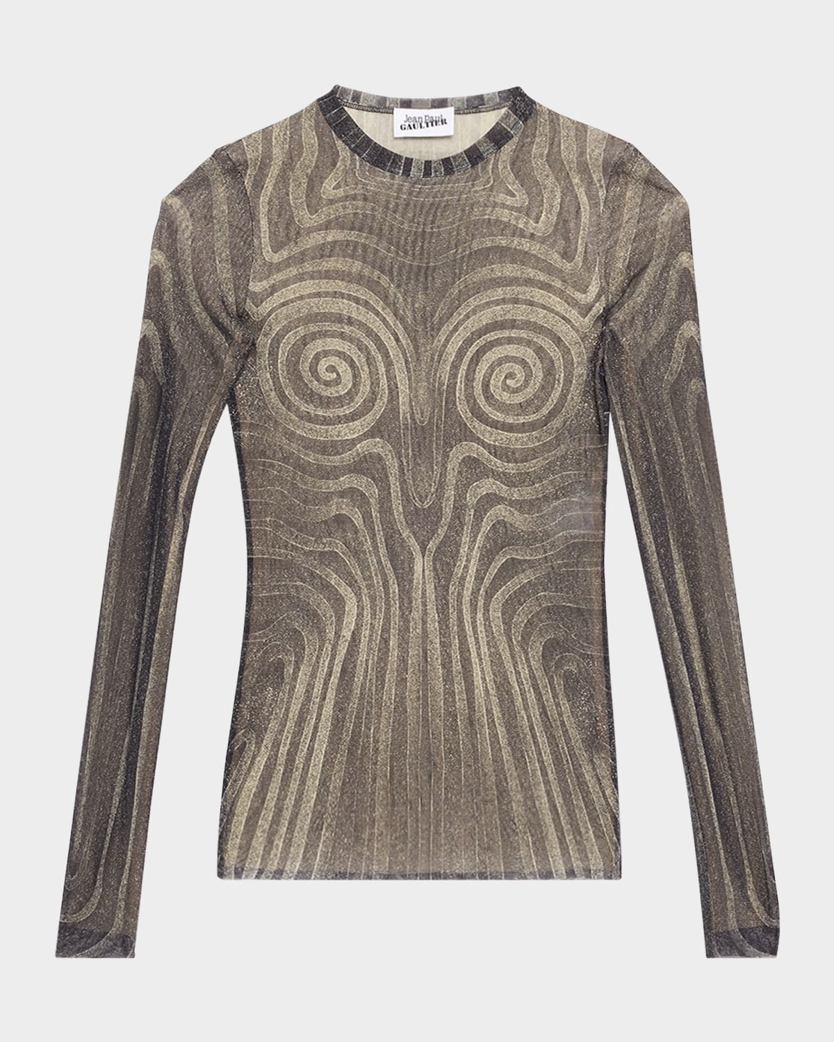 Jean Paul Gaultier Mesh Top With Geometric Pattern And Spiral Print In Blackgreyecru