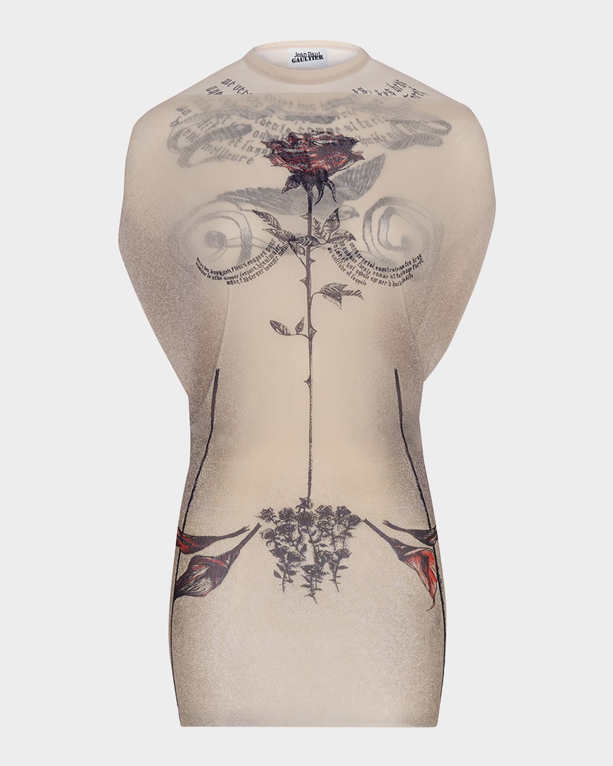 Jean Paul Gaultier Tattoo Rose And Bird Print Layered Mesh Mini Dress