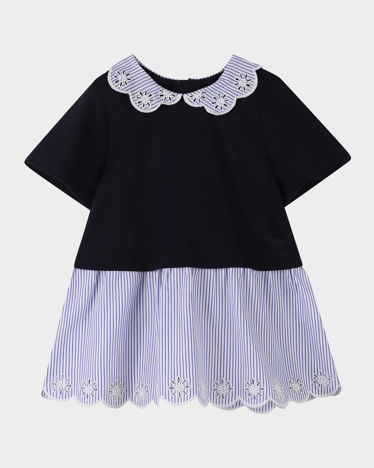 Chloé Girl's Short-sleeve Embroidered Combo Dress In White Blue